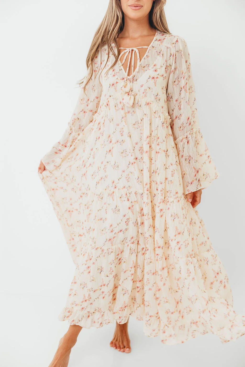 Lisa Woven Floral V-Neck Maxi Dress with Detachable Liner in Cream Multi - Bump Friendly - Image 5