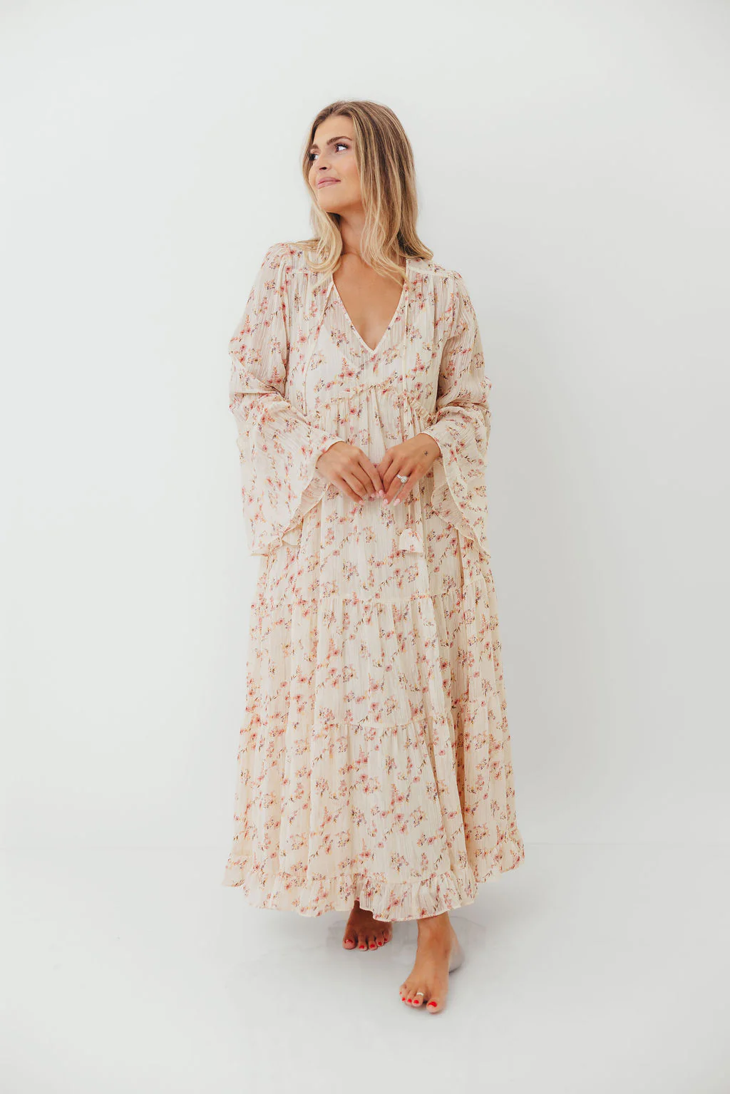 Lisa Woven Floral V-Neck Maxi Dress with Detachable Liner in Cream Multi - Bump Friendly - Image 6