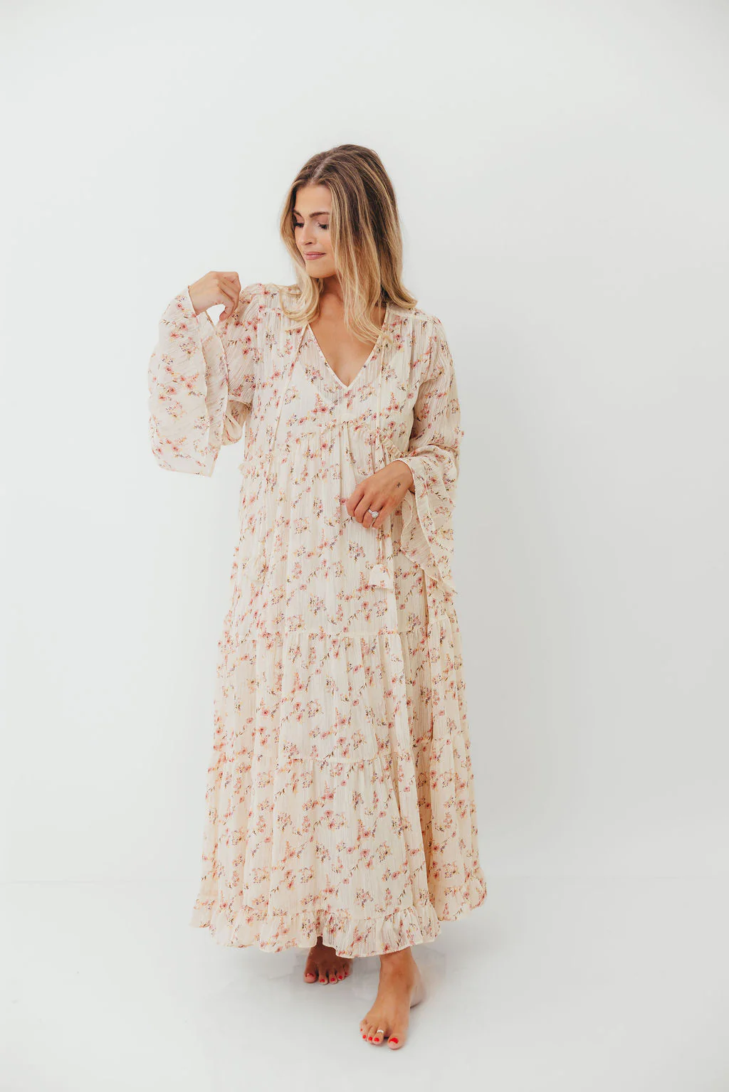 Lisa Woven Floral V-Neck Maxi Dress with Detachable Liner in Cream Multi - Bump Friendly - Image 7