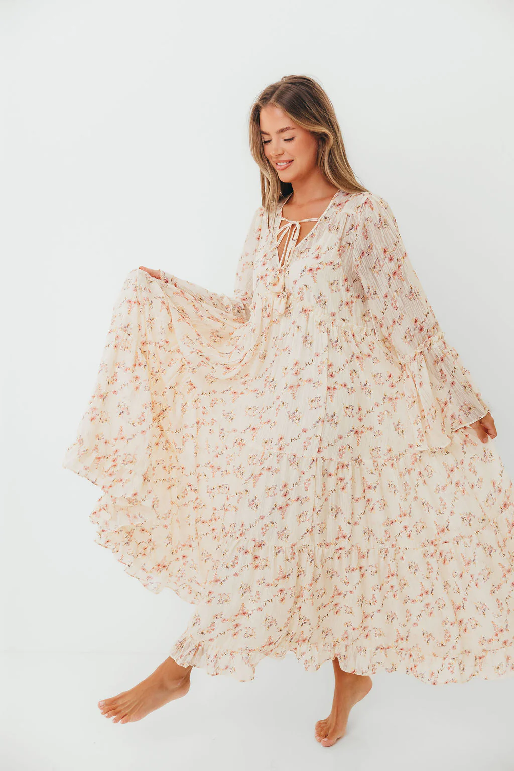 Lisa Woven Floral V-Neck Maxi Dress with Detachable Liner in Cream Multi - Bump Friendly - Image 9
