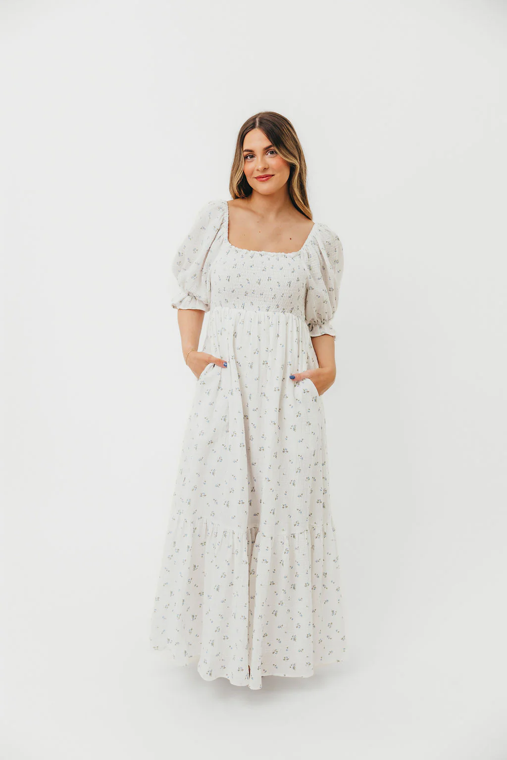 Livvy 100% Cotton Maxi Dress in Off-White / Blue Floral - Bump Friendly & Inclusive Sizing - Image 21