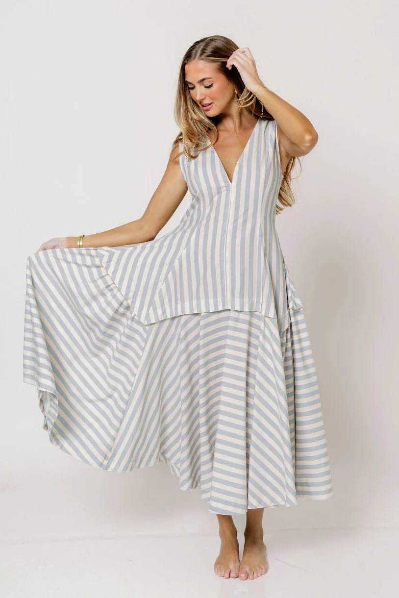 Nataliya Structured Striped Maxi Dress in Dusty Blue