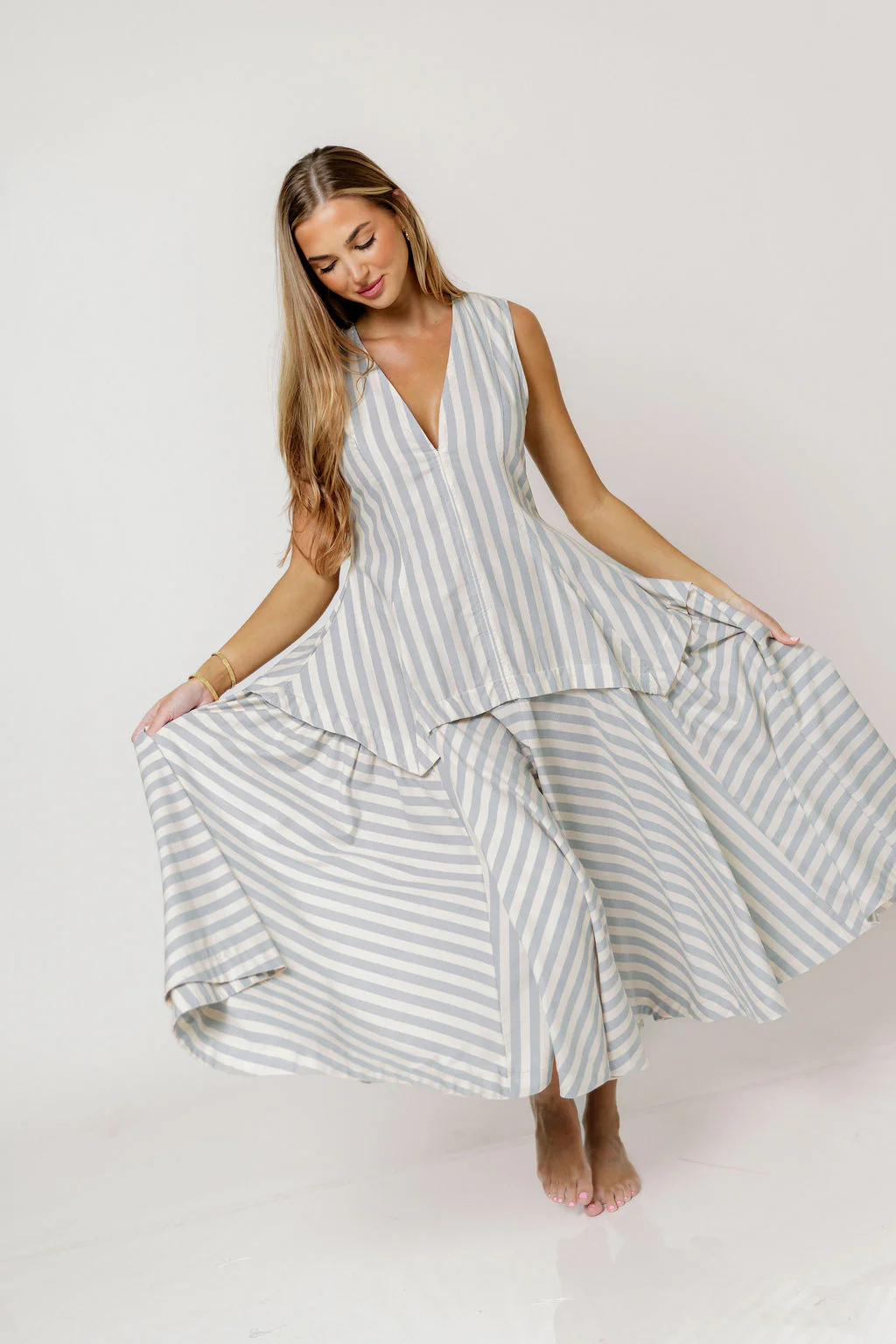 Nataliya Structured Striped Maxi Dress in Dusty Blue - Image 2