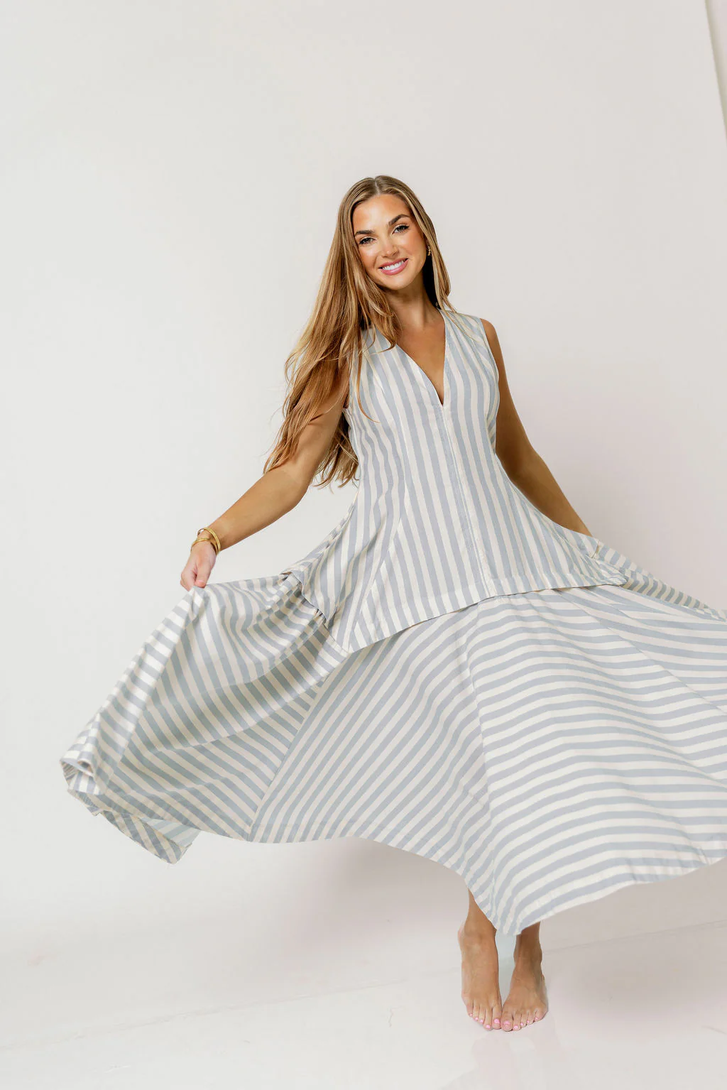 Nataliya Structured Striped Maxi Dress in Dusty Blue - Image 5
