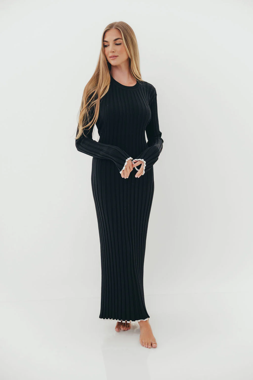 Bentley Ribbed Knit Maxi Dress in Black with White Trim - Bump Friendly *Final Sale* - Image 2