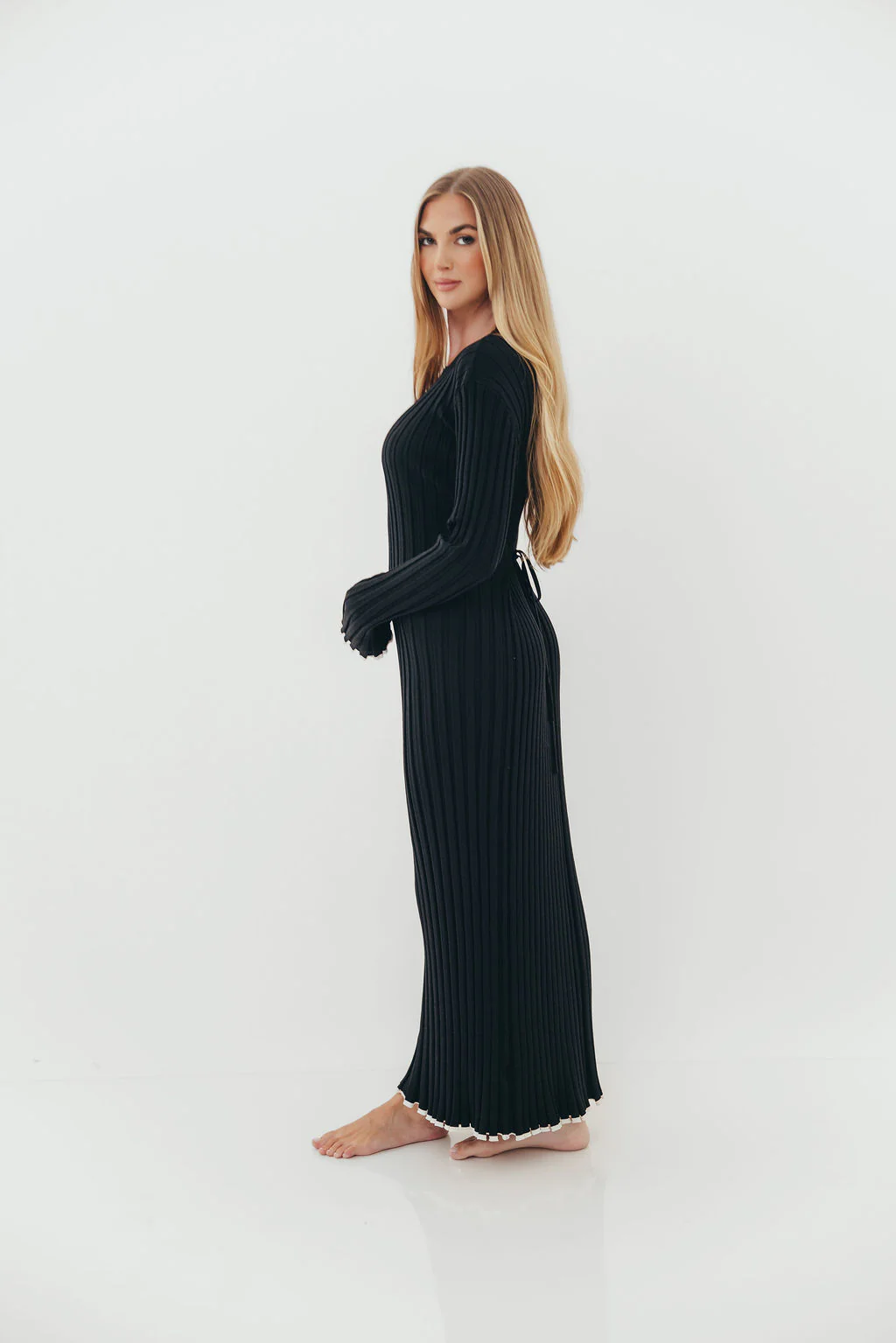 Bentley Ribbed Knit Maxi Dress in Black with White Trim - Bump Friendly *Final Sale* - Image 3