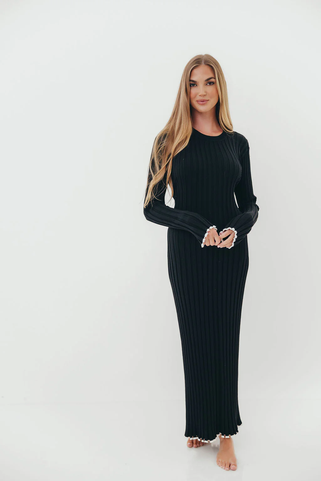 Bentley Ribbed Knit Maxi Dress in Black with White Trim - Bump Friendly *Final Sale* - Image 5