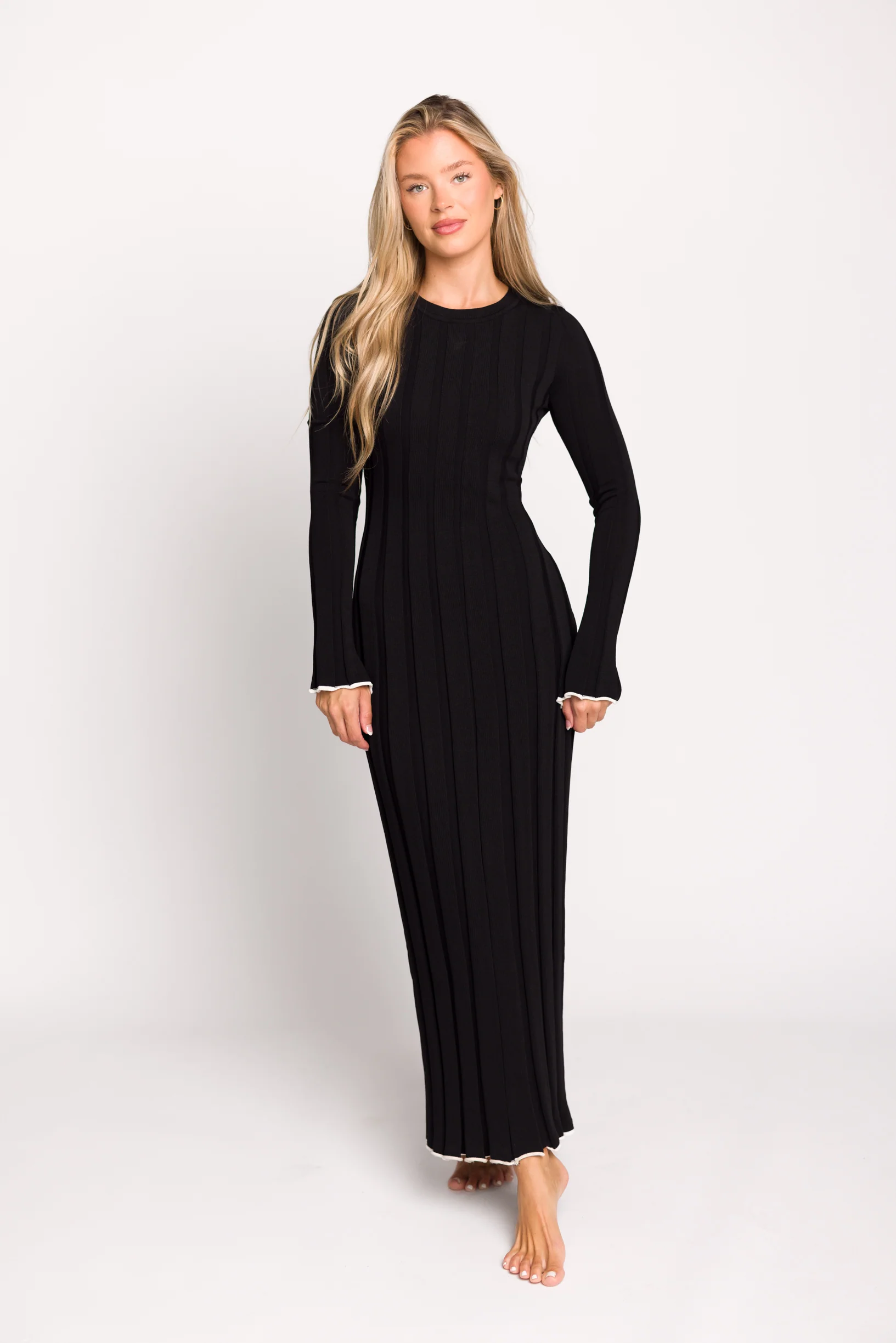 Bentley Ribbed Knit Maxi Dress in Black with White Trim - Bump Friendly *Final Sale* - Image 9