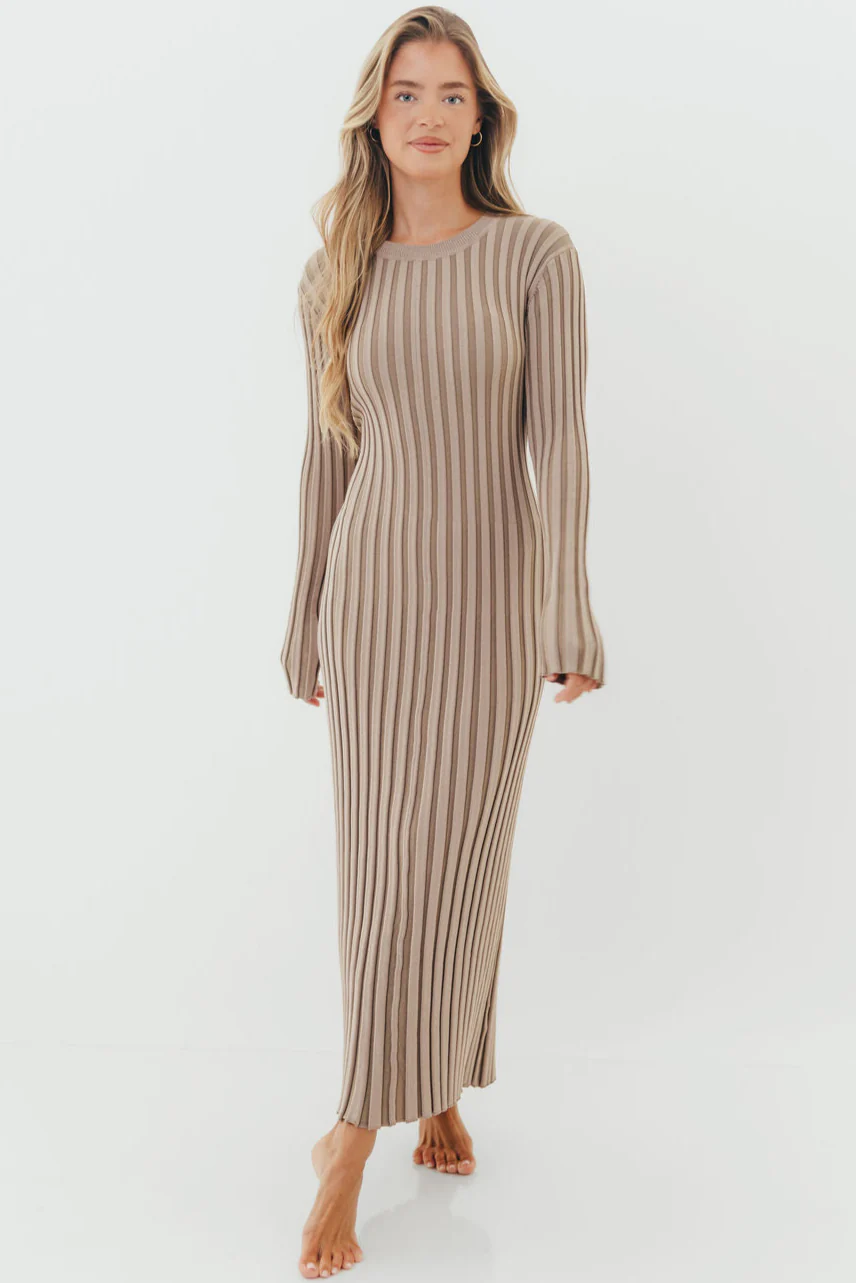 Colette Premium Long Sleeved Ribbed Knit Maxi Dress in Stone - Bump Friendly *Final Sale*