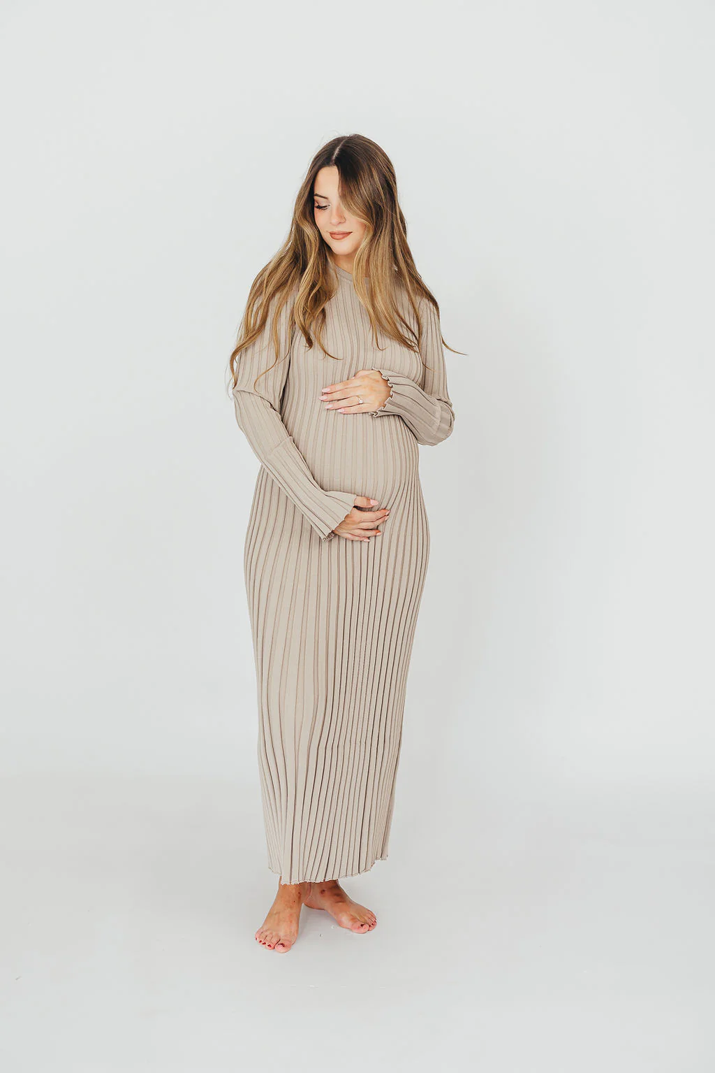 Colette Premium Long Sleeved Ribbed Knit Maxi Dress in Stone - Bump Friendly *Final Sale* - Image 10