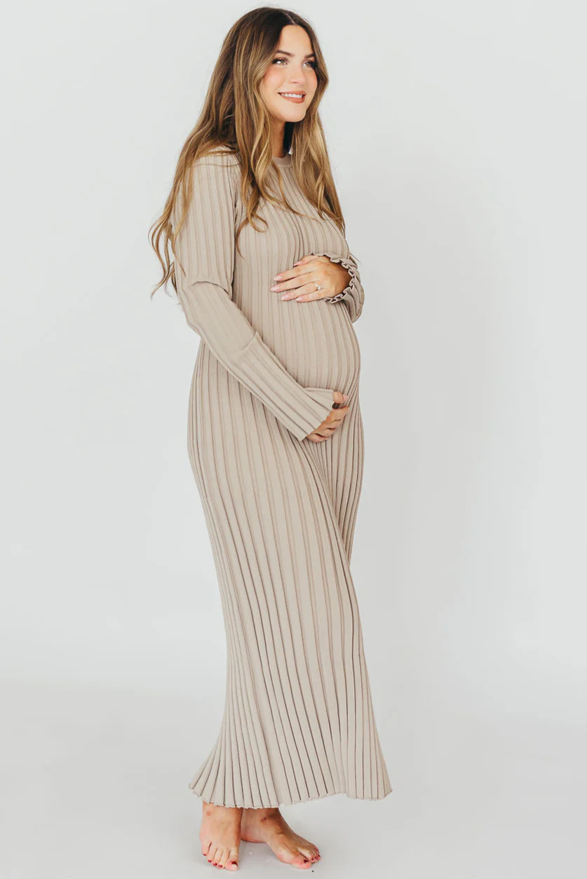 Colette Premium Long Sleeved Ribbed Knit Maxi Dress in Stone - Bump Friendly *Final Sale* - Image 13