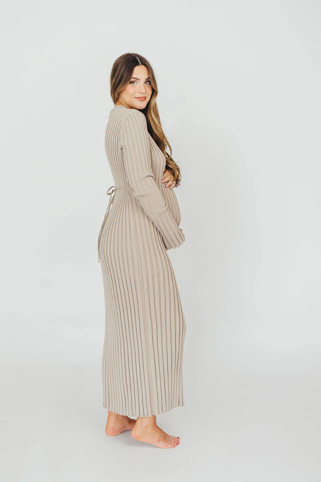 Colette Premium Long Sleeved Ribbed Knit Maxi Dress in Stone - Bump Friendly *Final Sale* - Image 6