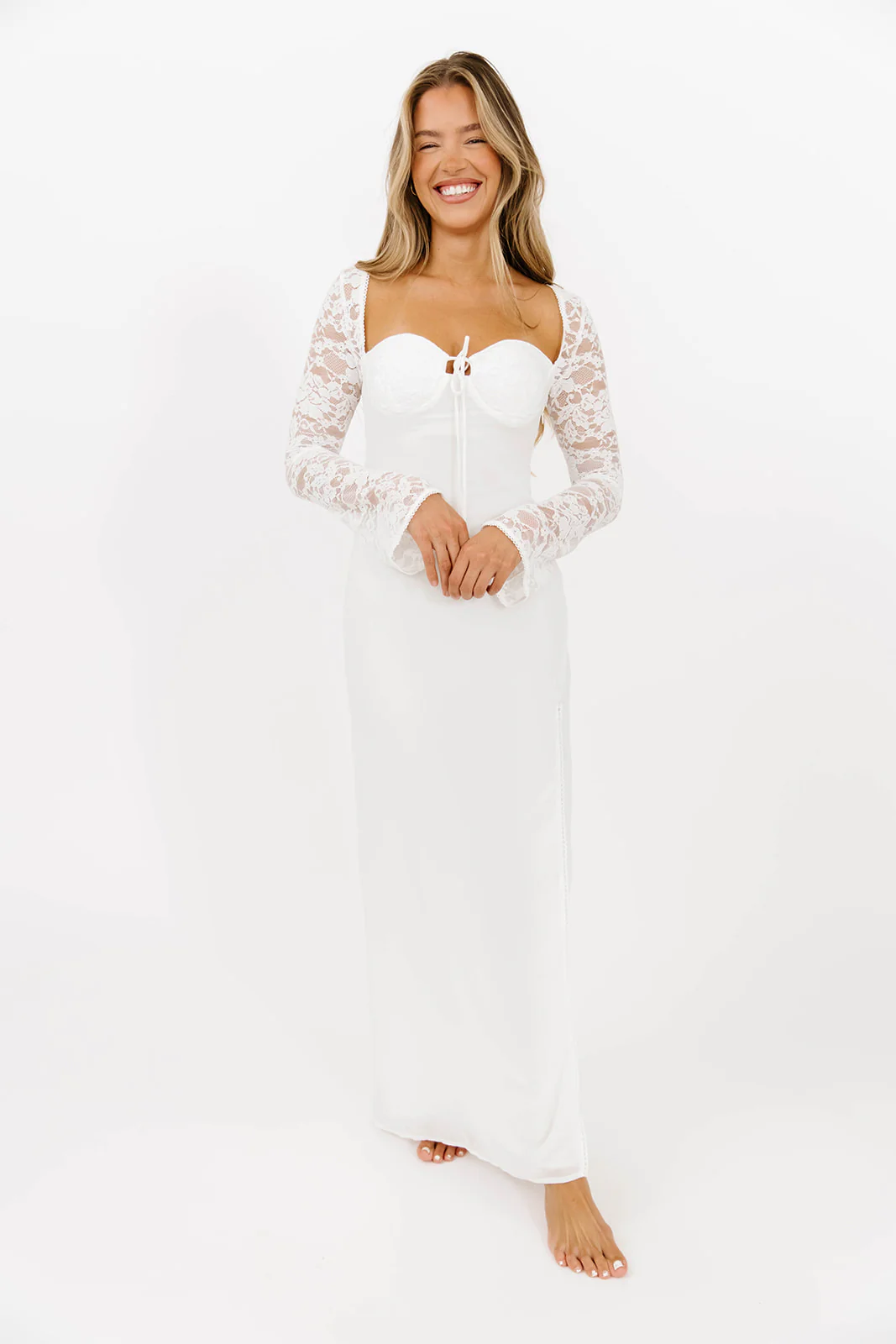 Twyla Long Sleeve Sweetheart Maxi Dress with Lace in White - Image 6