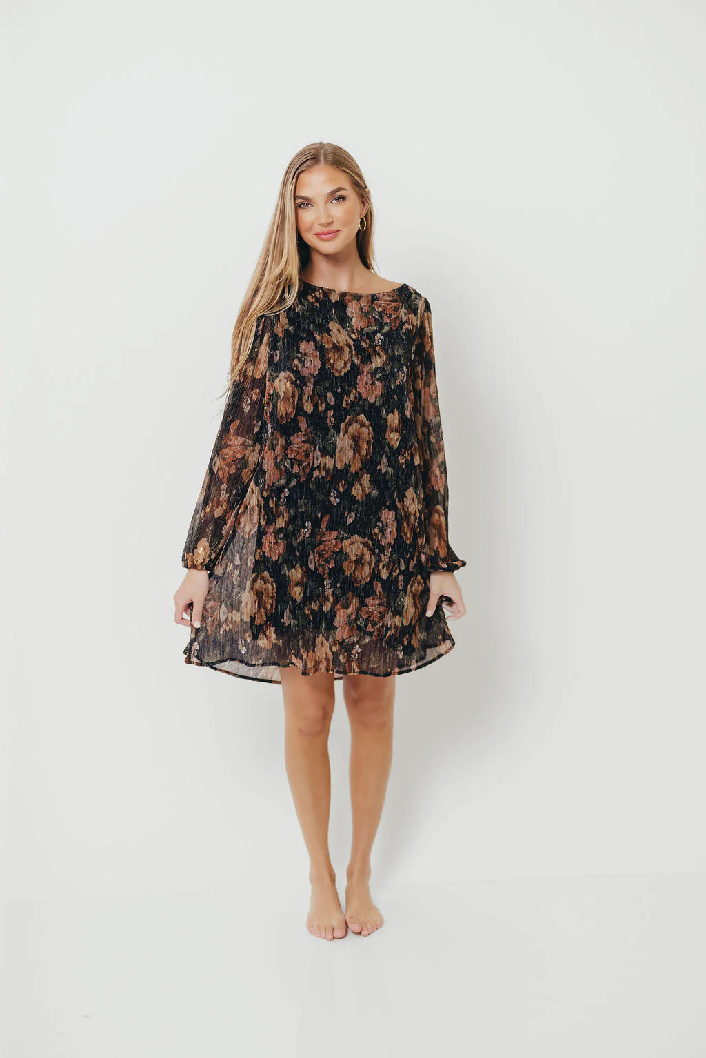 Lorraine Pleated Lurex Floral Print Mini Dress in Black - Image 2