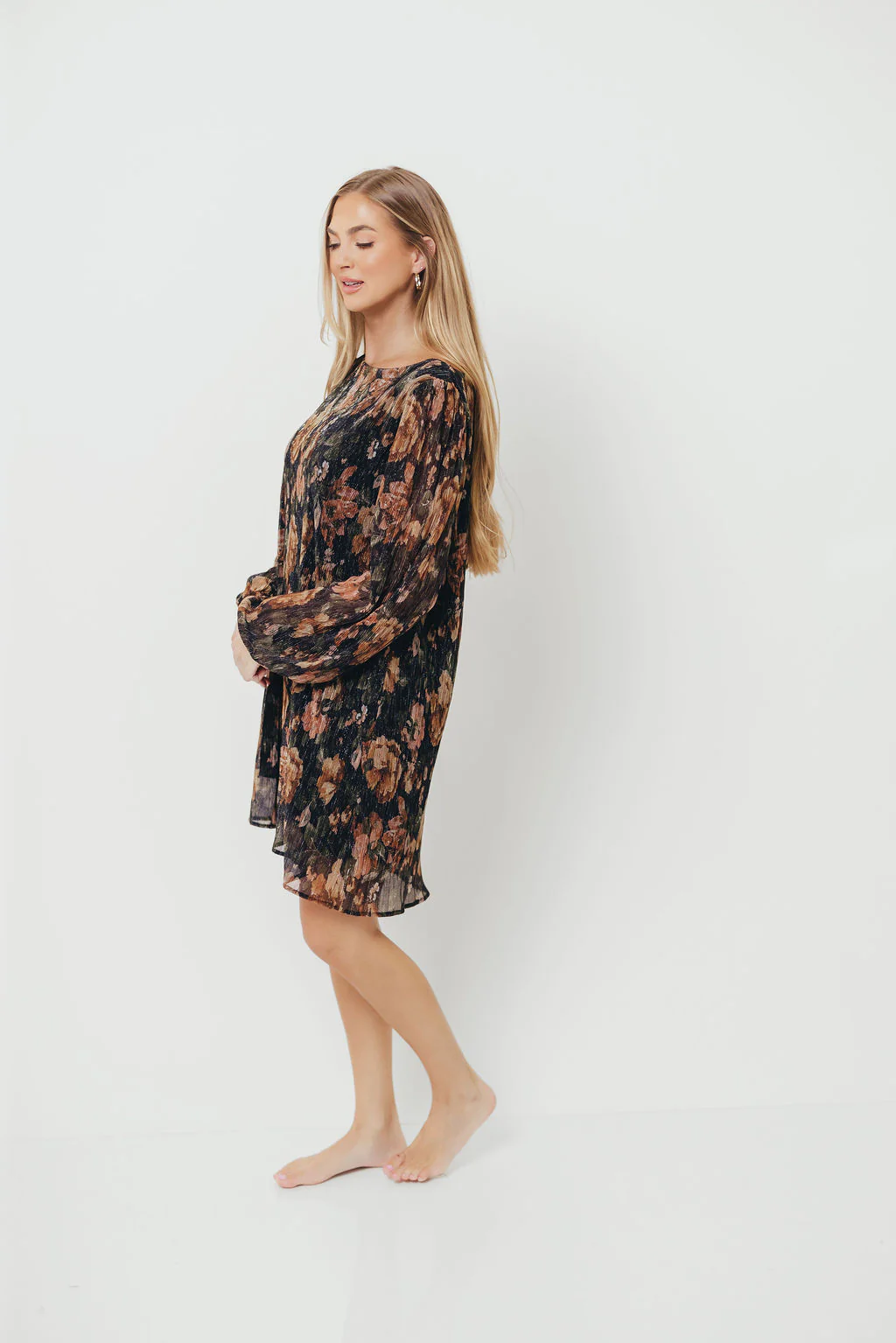 Lorraine Pleated Lurex Floral Print Mini Dress in Black - Image 3