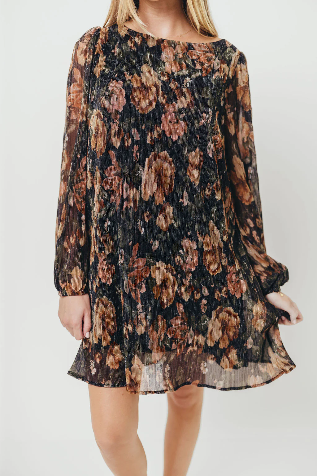 Lorraine Pleated Lurex Floral Print Mini Dress in Black - Image 4