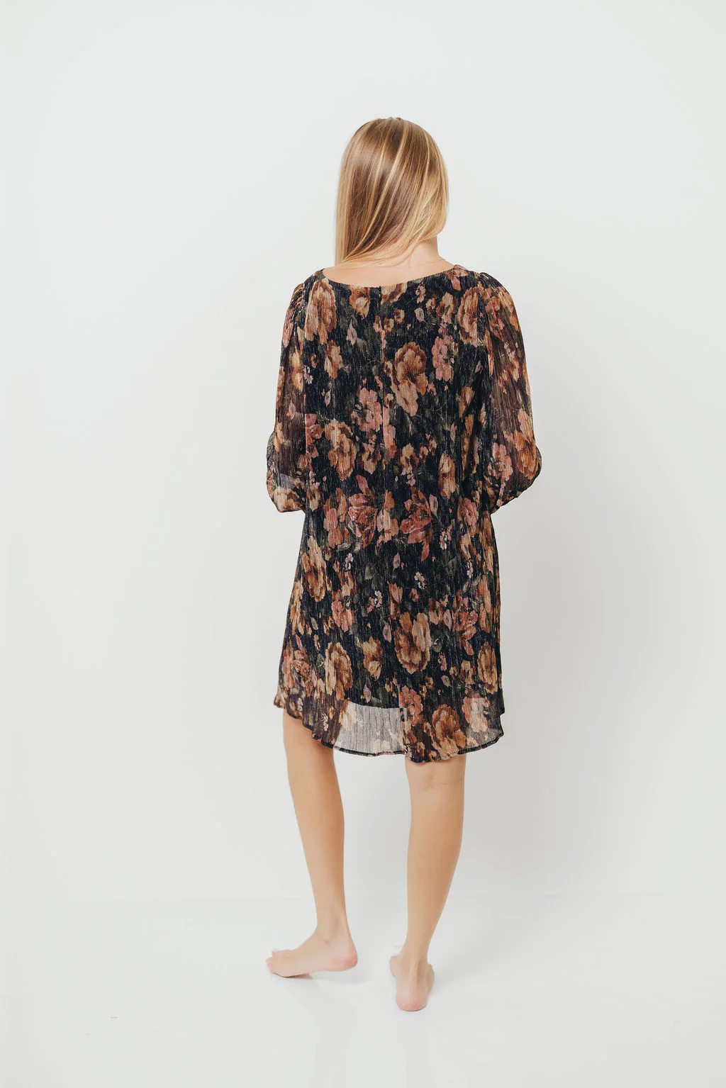 Lorraine Pleated Lurex Floral Print Mini Dress in Black - Image 5