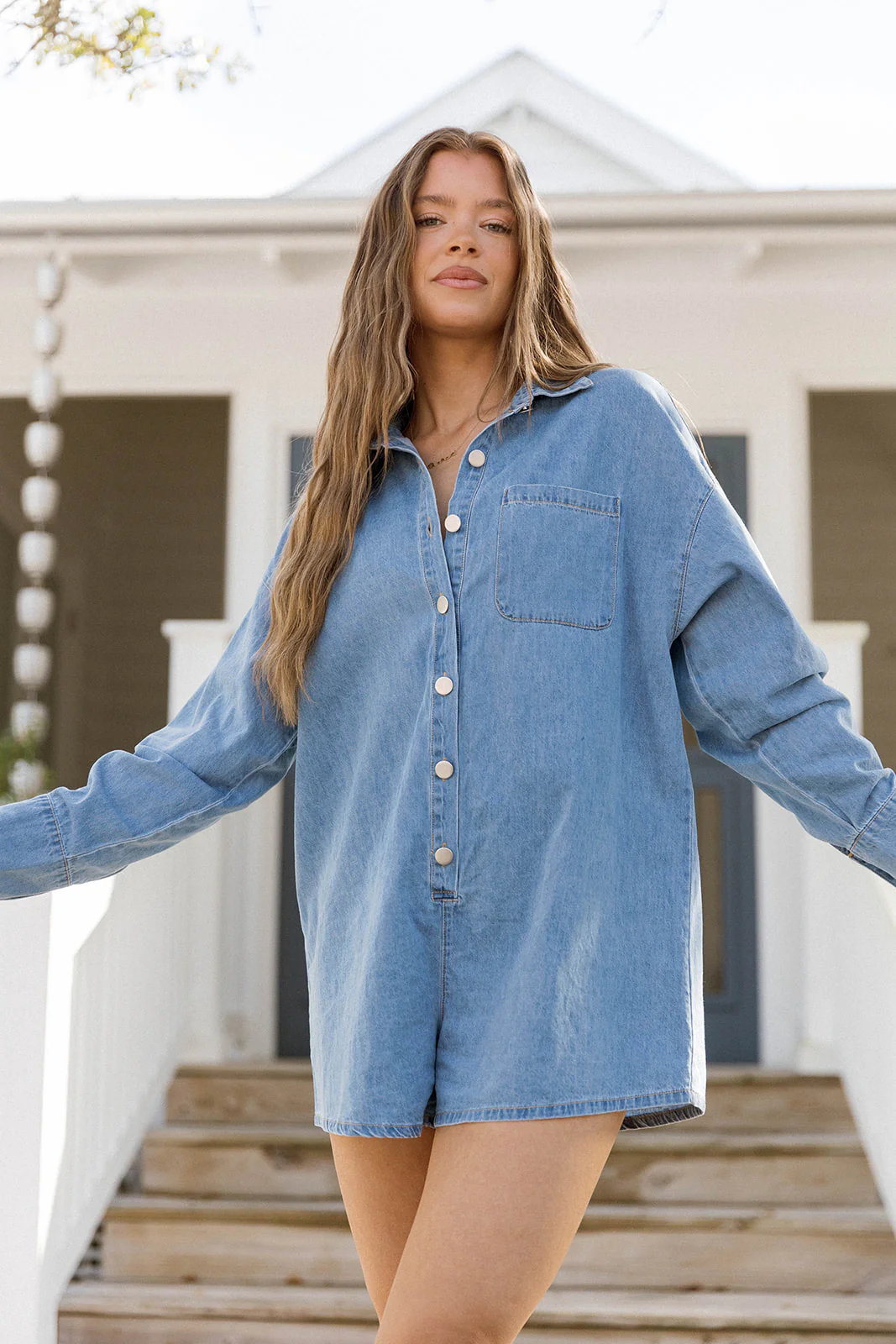 Madelyn 100% Cotton Long Sleeve Lightweight Romper in Denim - Image 5