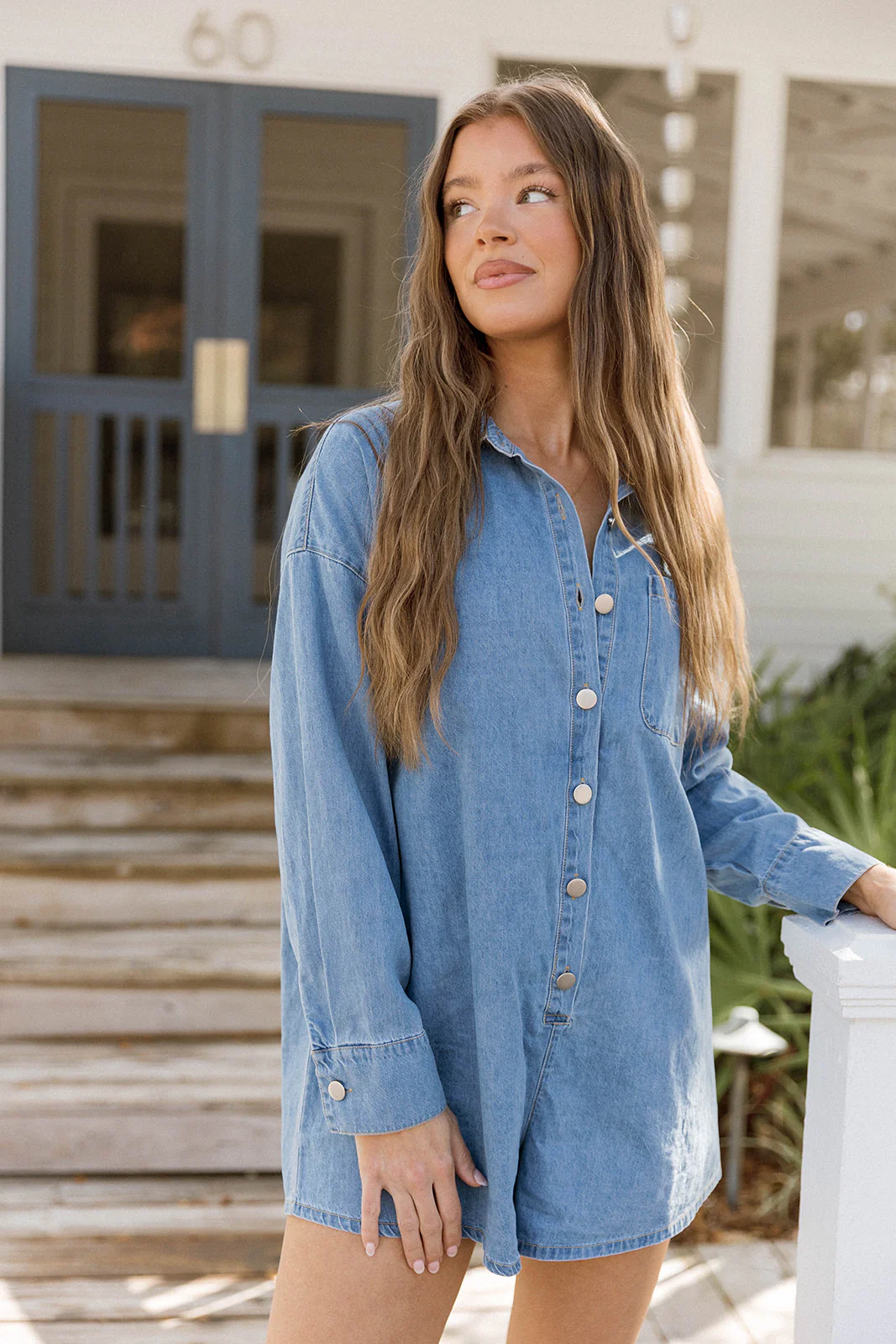 Madelyn 100% Cotton Long Sleeve Lightweight Romper in Denim - Image 6