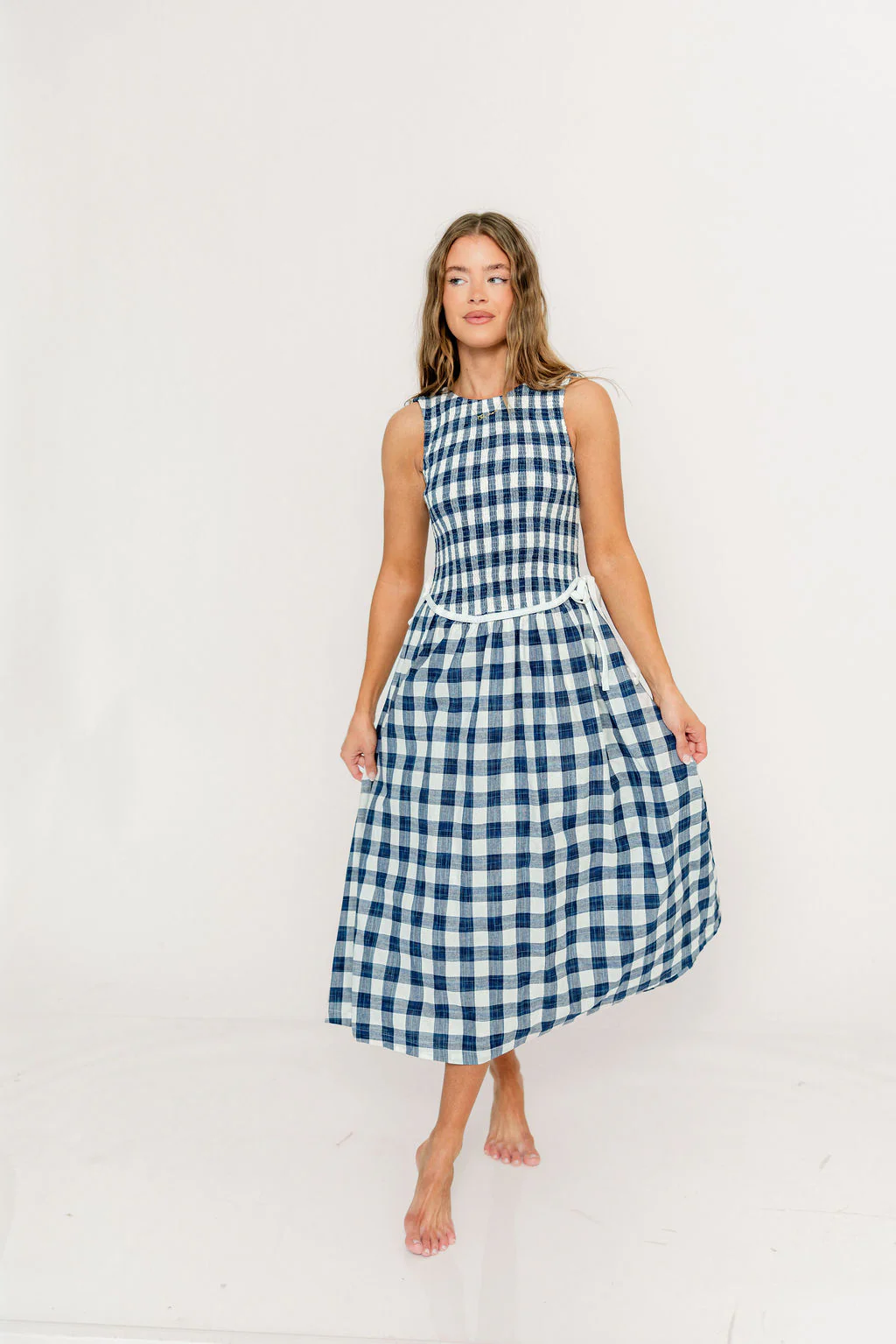 Margaret Gingham Midi Dress in Navy