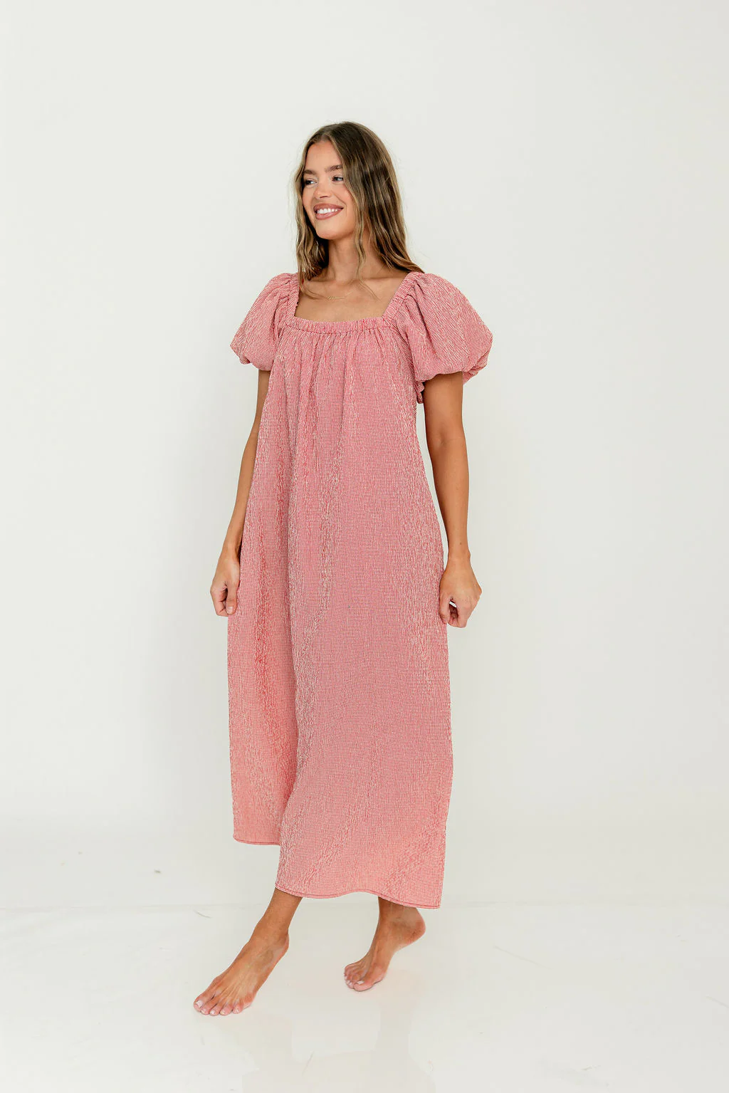 Mariana Gingham Puff Sleeve Midi Dress in Red - Image 10