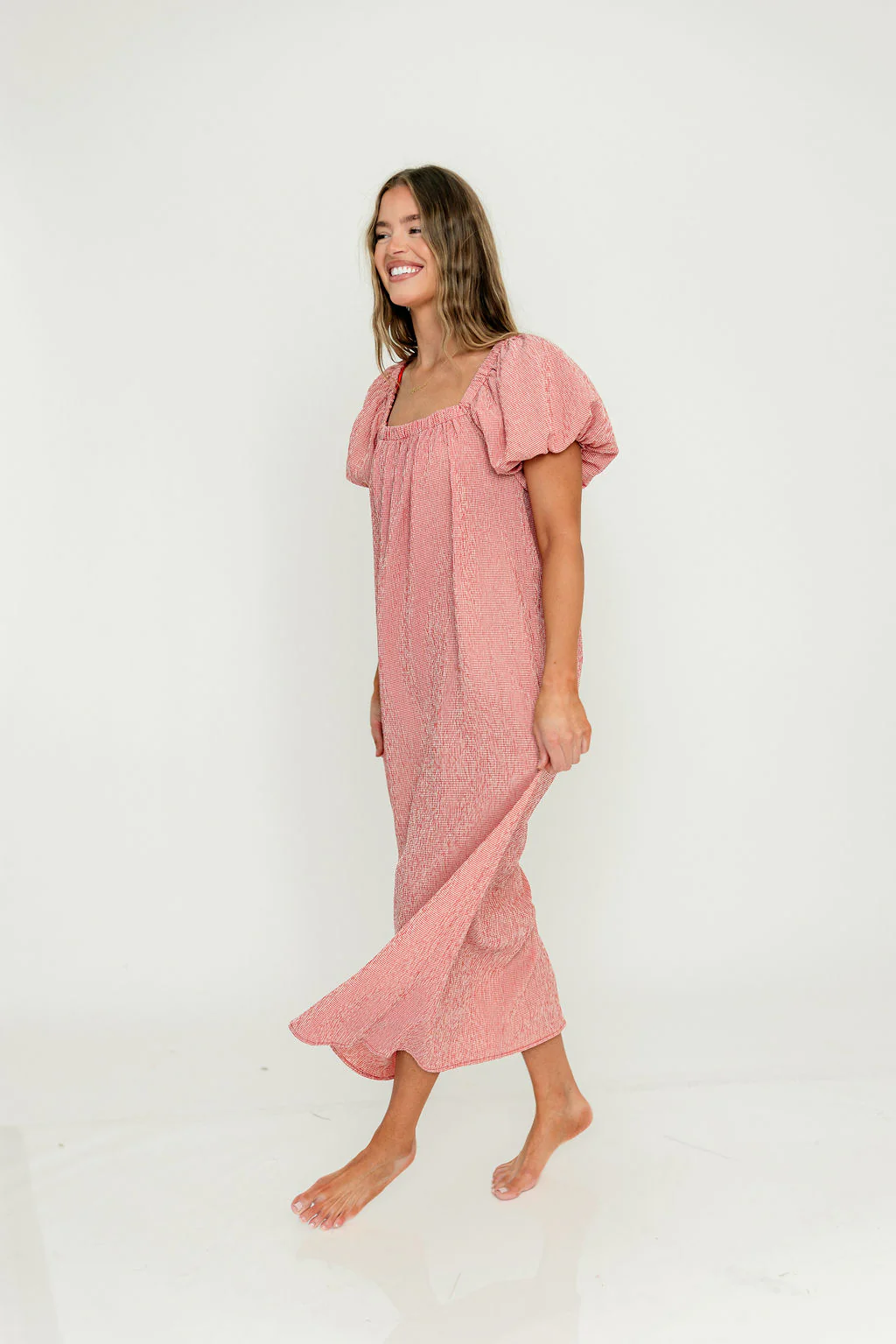 Mariana Gingham Puff Sleeve Midi Dress in Red - Image 11