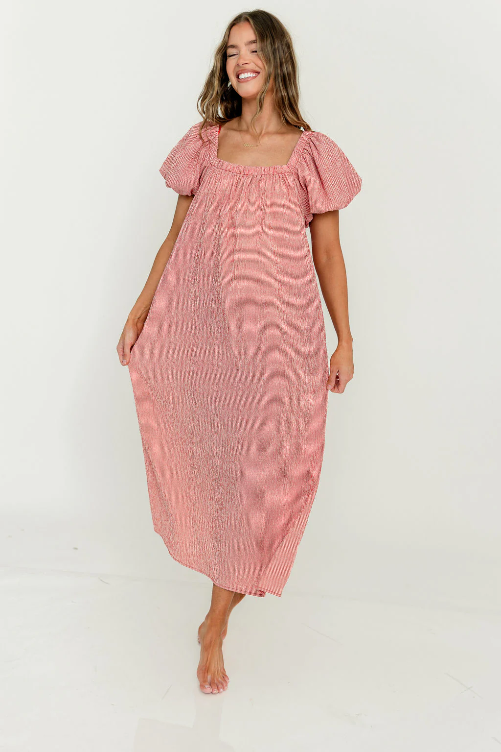 Mariana Gingham Puff Sleeve Midi Dress in Red - Image 12