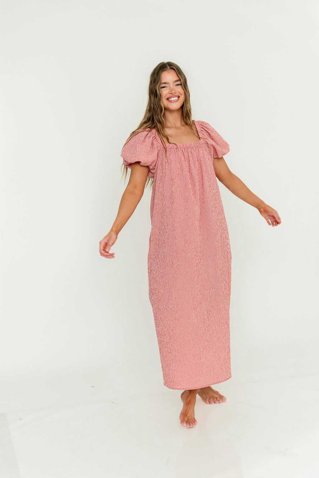 Mariana Gingham Puff Sleeve Midi Dress in Red - Image 14