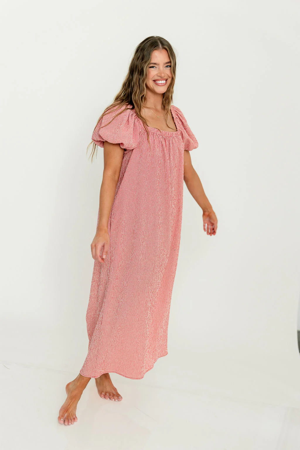 Mariana Gingham Puff Sleeve Midi Dress in Red - Image 15