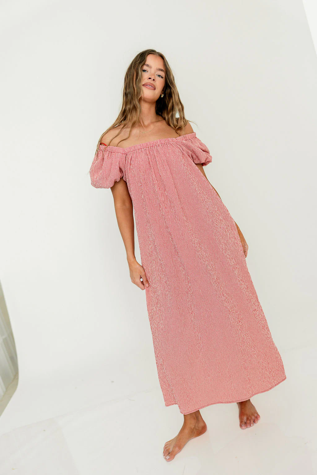 Mariana Gingham Puff Sleeve Midi Dress in Red - Image 16