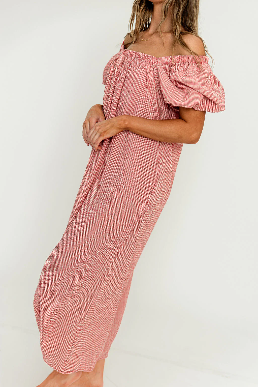 Mariana Gingham Puff Sleeve Midi Dress in Red - Image 17