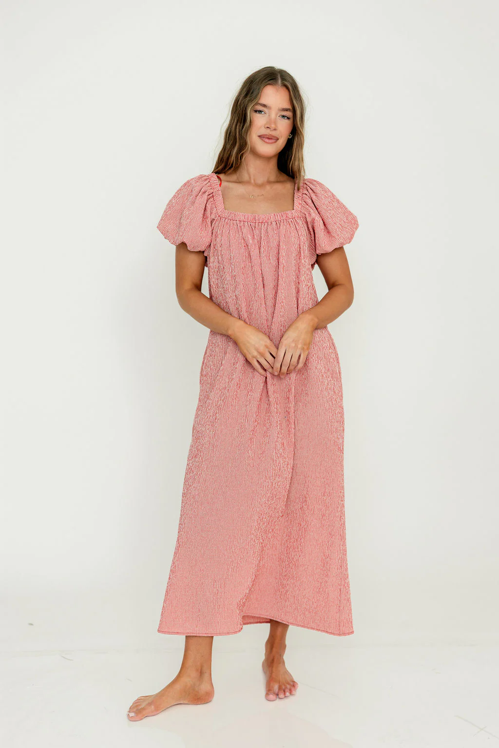 Mariana Gingham Puff Sleeve Midi Dress in Red - Image 7
