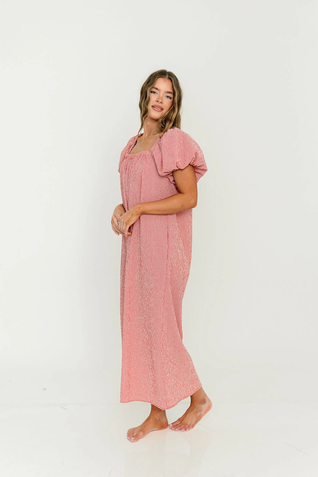 Mariana Gingham Puff Sleeve Midi Dress in Red - Image 9