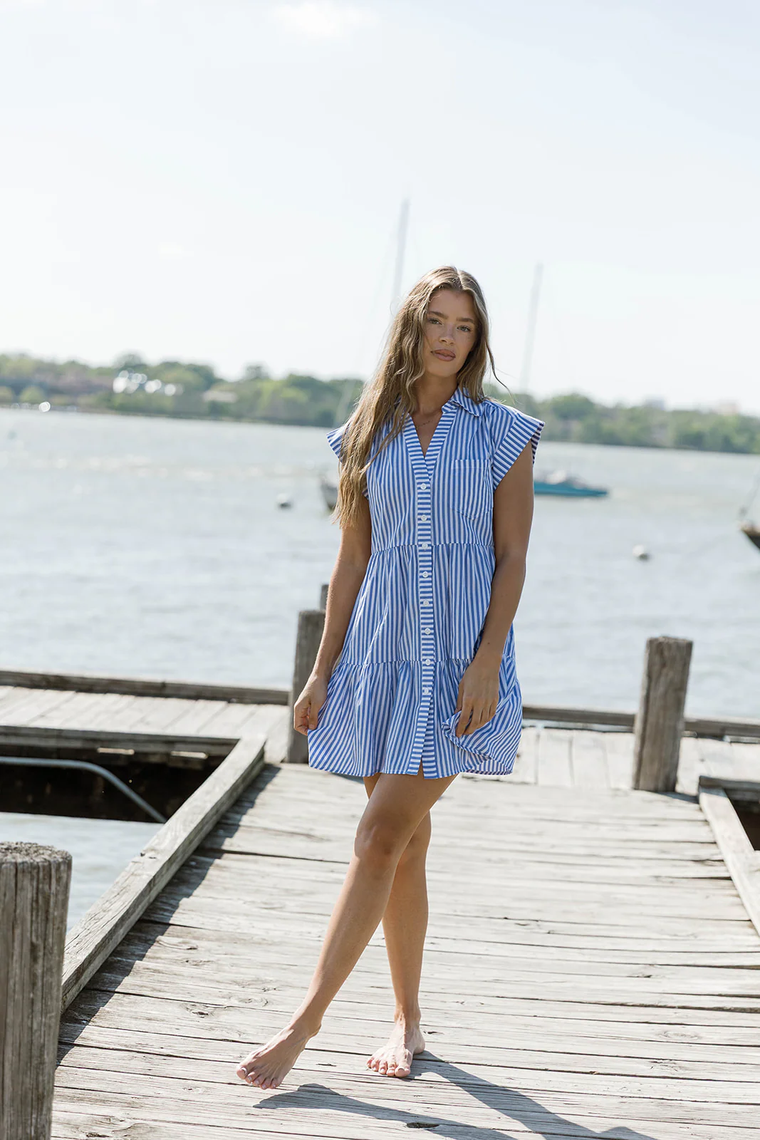 Marissa Striped Mini Dress in Denim Blue - Image 2