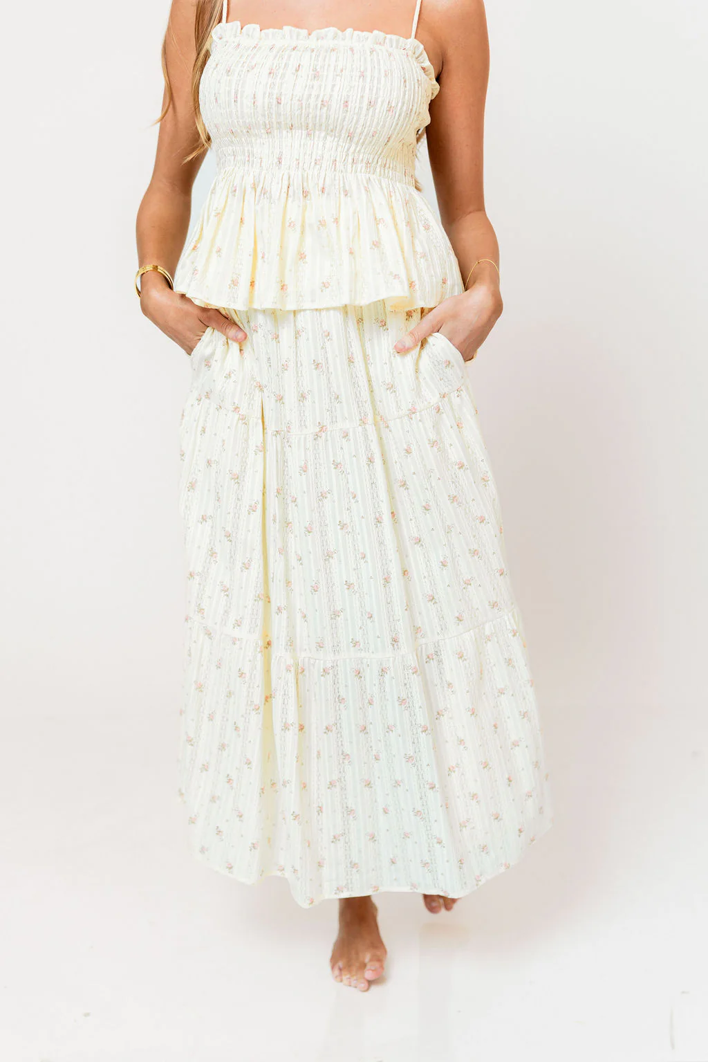 Marlin 100% Cotton Floral Printed Smocked Top in Butter Yellow - Image 3
