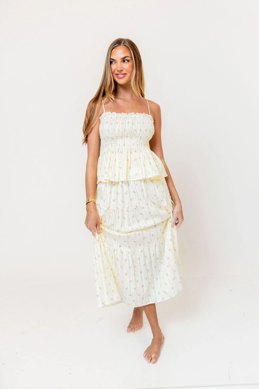 Marlin 100% Cotton Floral Printed Smocked Top in Butter Yellow - Image 4