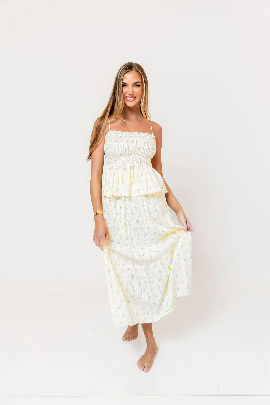 Marlin 100% Cotton Floral Printed Smocked Top in Butter Yellow - Image 5