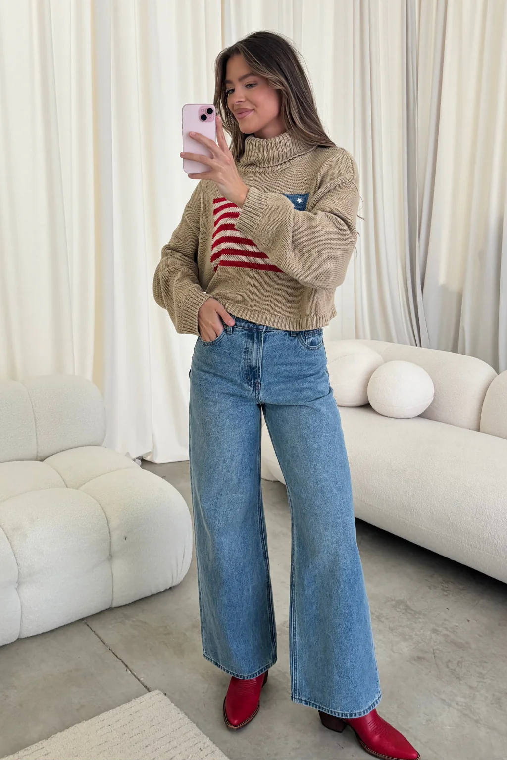 Martha American Flag Turtle Neck Sweater in Straw - Image 3