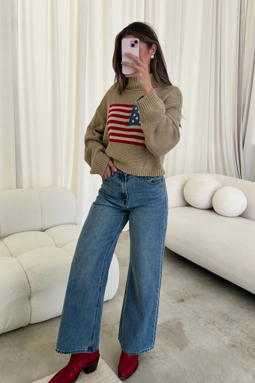 Martha American Flag Turtle Neck Sweater in Straw - Image 5
