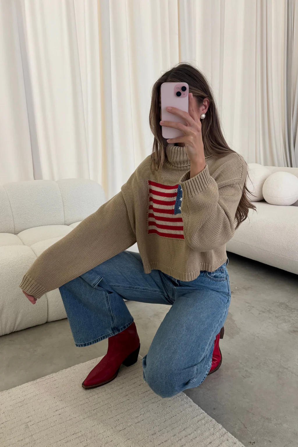 Martha American Flag Turtle Neck Sweater in Straw - Image 6