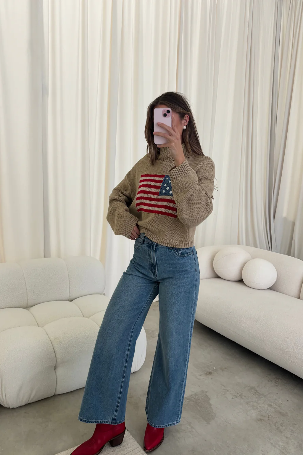 Martha American Flag Turtle Neck Sweater in Straw - Image 7