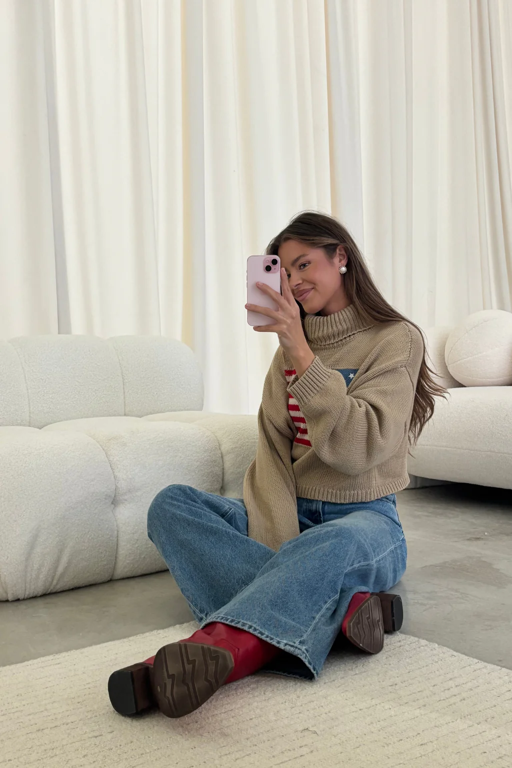 Martha American Flag Turtle Neck Sweater in Straw - Image 9