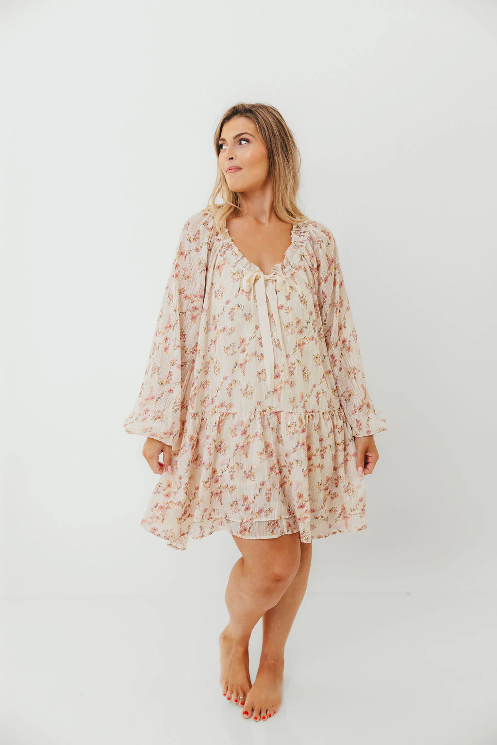 Maui Soft Petals Flare Mini Dress in Cream Multi with Detachable Liner - Image 10