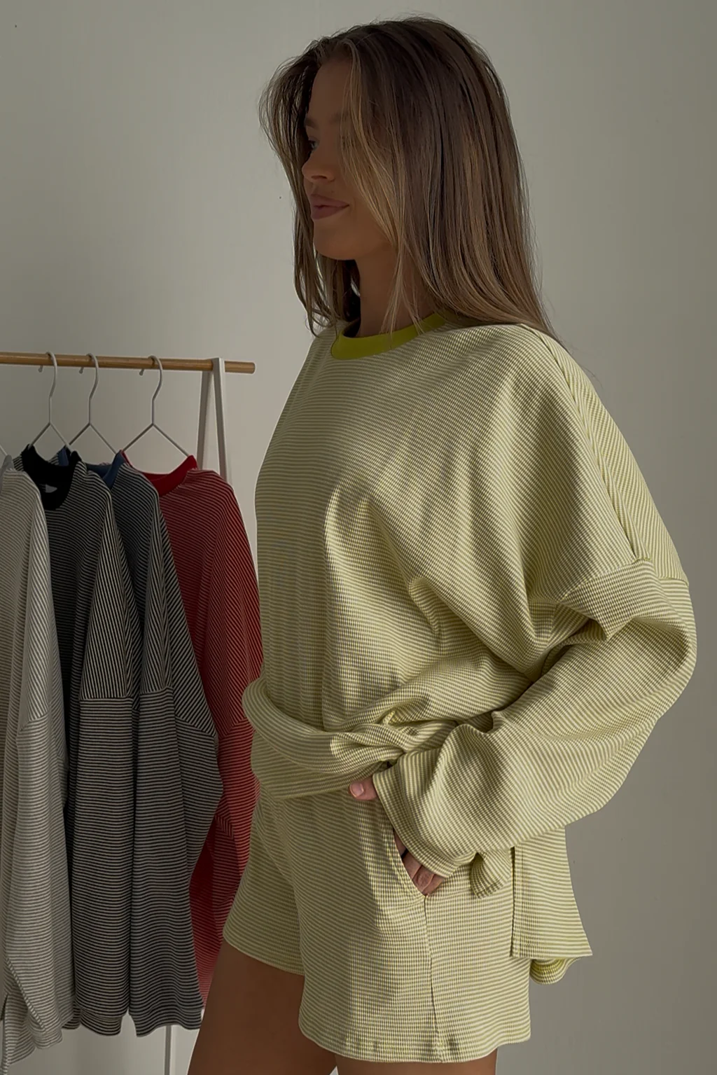 Maxwell Ribbed Stripe Shorts in Moss Lime Green (True Color in Main Image) - Image 2