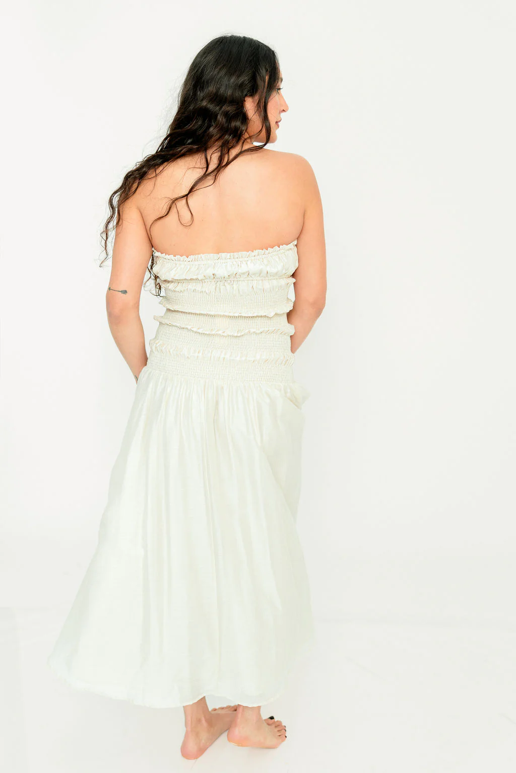 Myra Strapless Smocked Bodice Tube Maxi Dress in Cream - Image 11