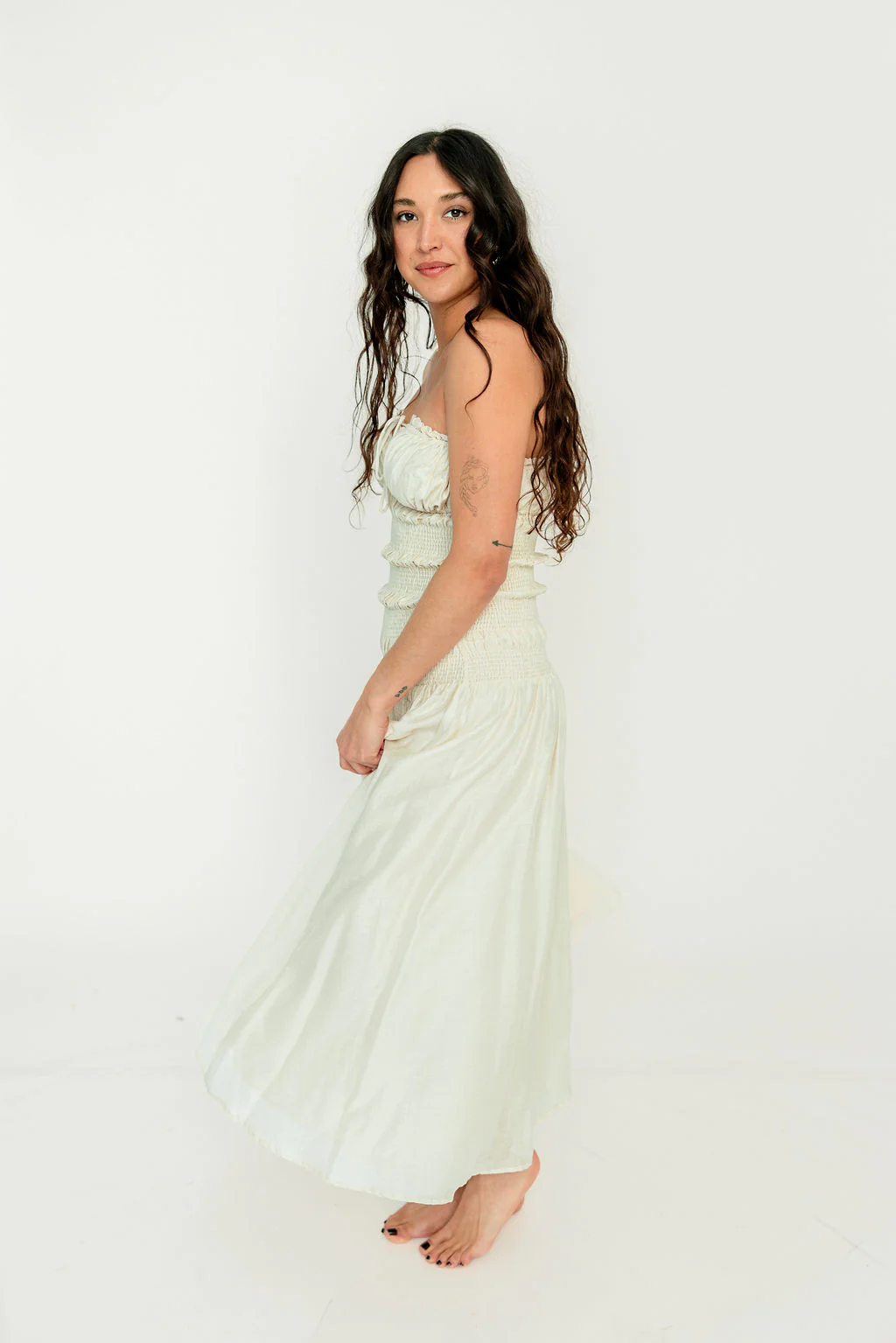 Myra Strapless Smocked Bodice Tube Maxi Dress in Cream - Image 2