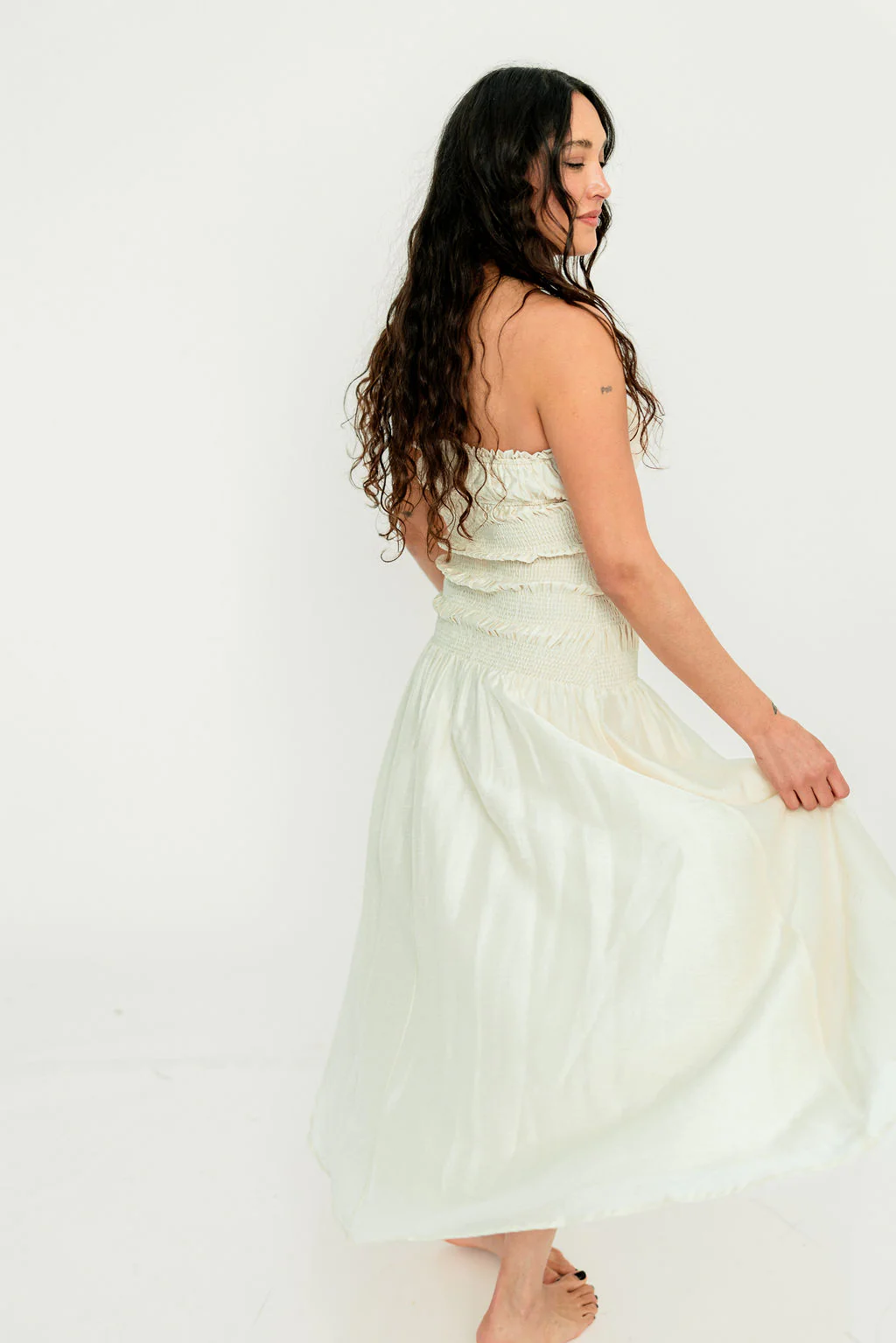 Myra Strapless Smocked Bodice Tube Maxi Dress in Cream - Image 3