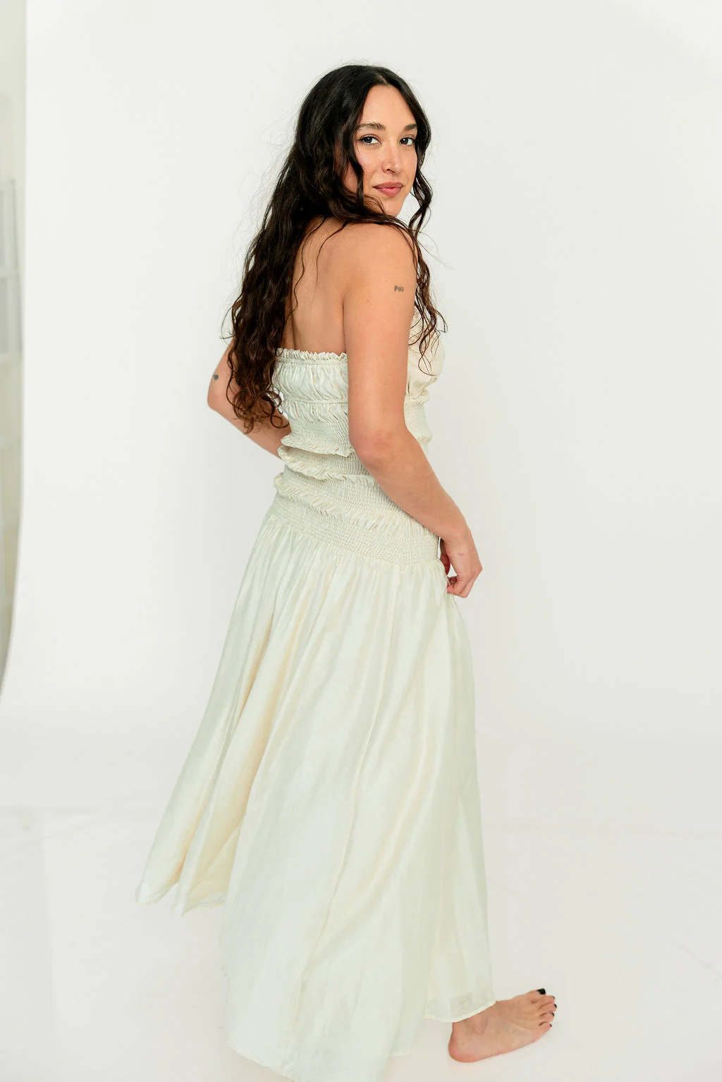 Myra Strapless Smocked Bodice Tube Maxi Dress in Cream - Image 4