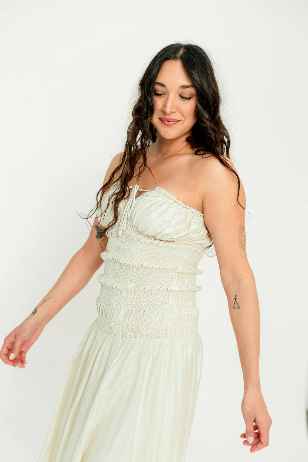 Myra Strapless Smocked Bodice Tube Maxi Dress in Cream - Image 6