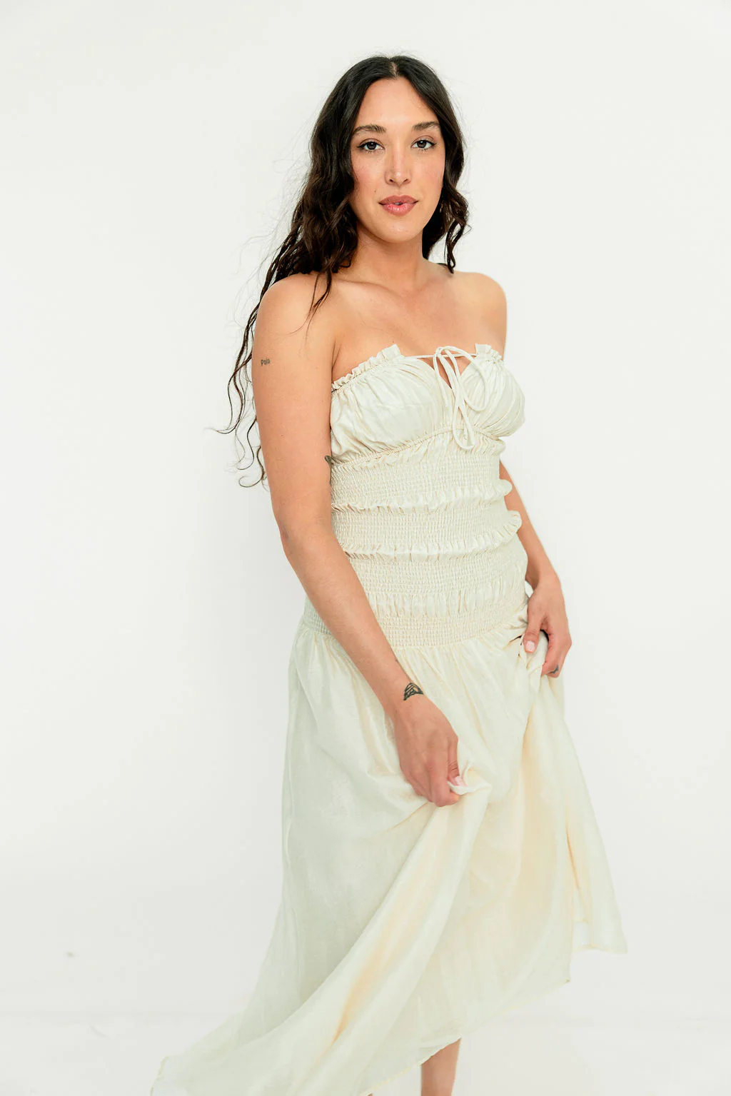 Myra Strapless Smocked Bodice Tube Maxi Dress in Cream - Image 7